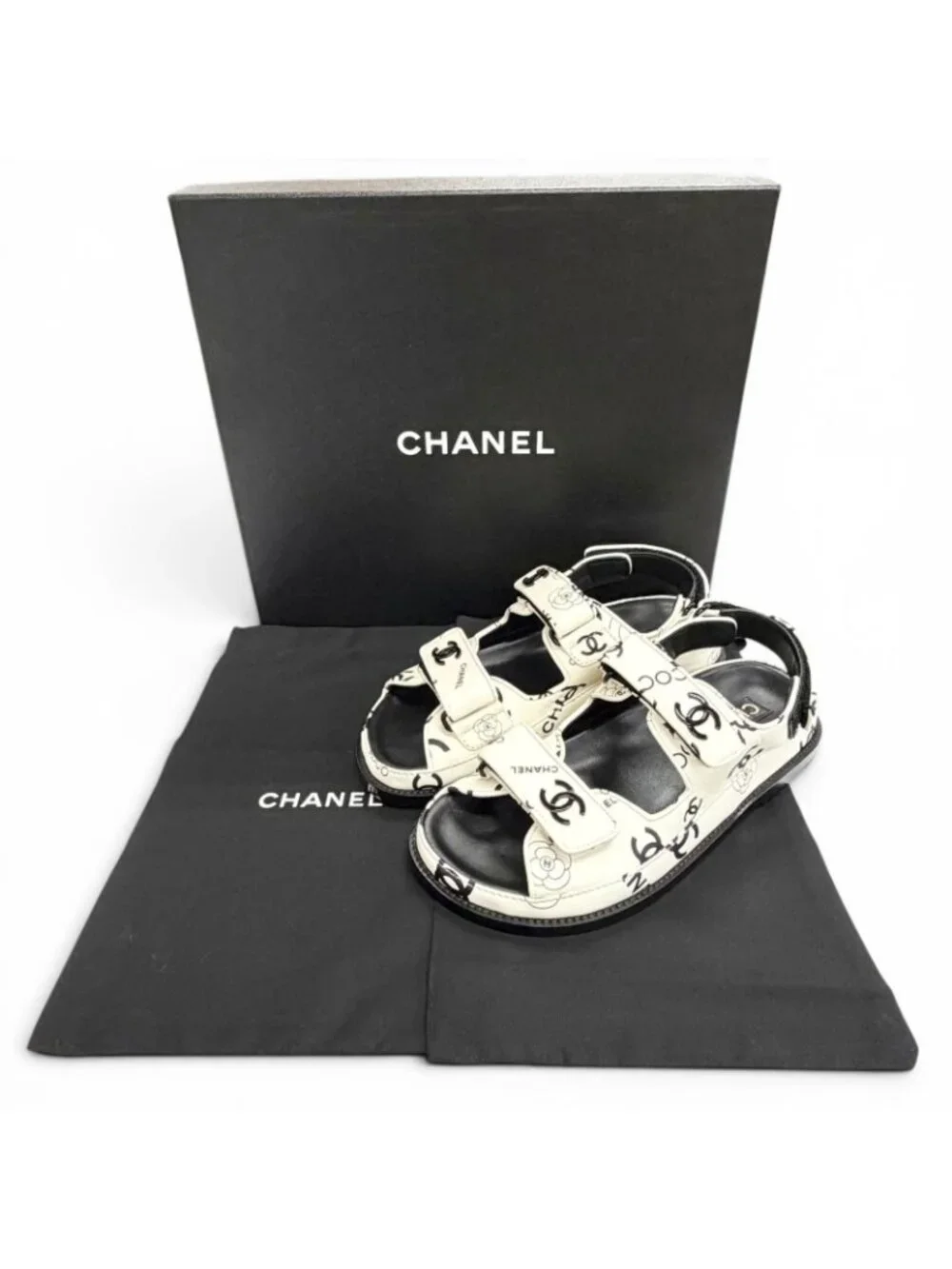 Chanel CC Logo Camellia Velcro Flat Leather Sandals White Black